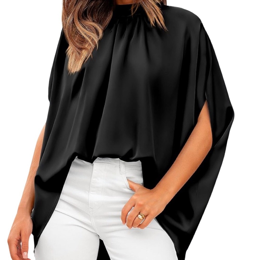 NWT BTFBM Women's Black Satin Mock Neck Batwing Sleeve Tie Back Blouse Size S